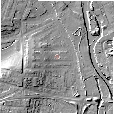 Shaded relief map of the ground around LE35HP, computed from Environment Agency LiDAR. The ground here sits at about 56 m above sea level and falls 18 m across the surrounding 800 m. Surface water reaching this point runs off ground lying to the west-south-west, 9.8 m higher.