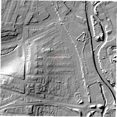 Shaded relief map of the ground around LE35HQ, computed from Environment Agency LiDAR. The ground here sits at about 56 m above sea level and falls 17 m across the surrounding 800 m. Surface water reaching this point runs off ground lying to the south-west, 13.0 m higher.