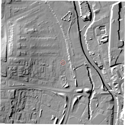 Shaded relief map of the ground around LE35HS, computed from Environment Agency LiDAR. The ground here sits at about 54 m above sea level and falls 15 m across the surrounding 800 m. Surface water reaching this point runs off ground lying to the west, 12.2 m higher.
