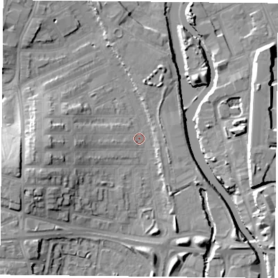 Shaded relief map of the ground around LE35HT, computed from Environment Agency LiDAR. The ground here sits at about 54 m above sea level and falls 15 m across the surrounding 800 m. Surface water reaching this point runs off ground lying to the south-west, 11.5 m higher.