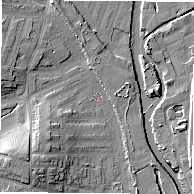 Shaded relief map of the ground around LE35HU, computed from Environment Agency LiDAR. The ground here sits at about 54 m above sea level and falls 15 m across the surrounding 800 m. Surface water reaching this point runs off ground lying to the south-west, 11.4 m higher.