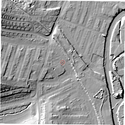 Shaded relief map of the ground around LE35HW, computed from Environment Agency LiDAR. The ground here sits at about 56 m above sea level and falls 19 m across the surrounding 800 m. Surface water reaching this point runs off ground lying to the north, 3.8 m higher.