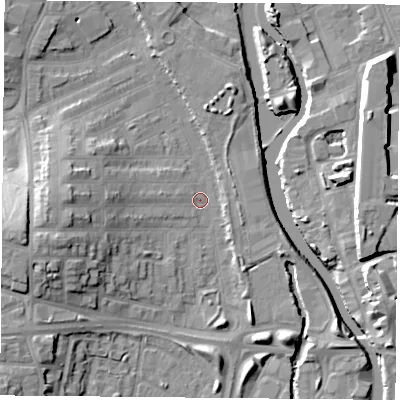Shaded relief map of the ground around LE35HY, computed from Environment Agency LiDAR. The ground here sits at about 54 m above sea level and falls 15 m across the surrounding 800 m. Surface water reaching this point runs off ground lying to the west-south-west, 11.5 m higher.