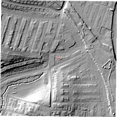 Shaded relief map of the ground around LE35HZ, computed from Environment Agency LiDAR. The ground here sits at about 57 m above sea level and falls 20 m across the surrounding 800 m. Surface water reaching this point runs off ground lying to the west-north-west, 1.0 m higher.