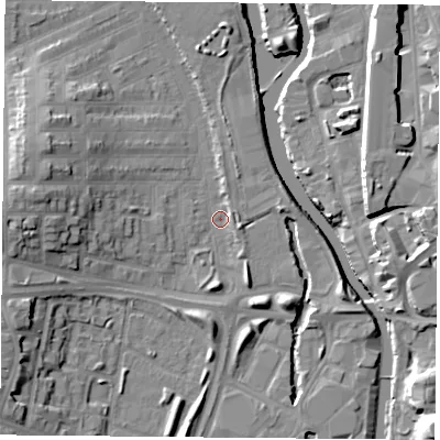 Shaded relief map of the ground around LE35JF, computed from Environment Agency LiDAR. The ground here sits at about 54 m above sea level and falls 15 m across the surrounding 800 m. Surface water reaching this point runs off ground lying to the west, 12.1 m higher.
