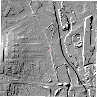 Shaded relief map of the ground around LE35JG, computed from Environment Agency LiDAR. The ground here sits at about 54 m above sea level and falls 15 m across the surrounding 800 m. Surface water reaching this point runs off ground lying to the west-south-west, 11.5 m higher.