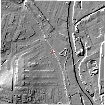 Shaded relief map of the ground around LE35JH, computed from Environment Agency LiDAR. The ground here sits at about 54 m above sea level and falls 15 m across the surrounding 800 m. Surface water reaching this point runs off ground lying to the south-west, 11.4 m higher.