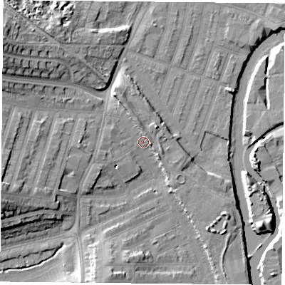 Shaded relief map of the ground around LE35JJ, computed from Environment Agency LiDAR. The ground here sits at about 56 m above sea level and falls 17 m across the surrounding 800 m. Surface water reaching this point runs off ground lying to the north-north-west, 3.6 m higher.