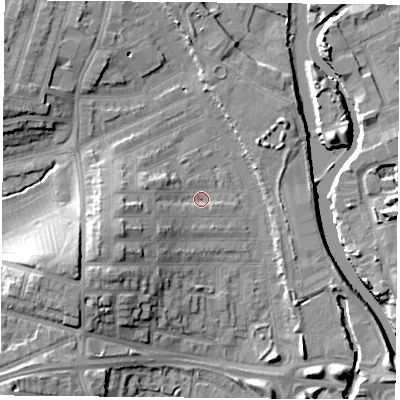 Shaded relief map of the ground around LE35JL, computed from Environment Agency LiDAR. The ground here sits at about 55 m above sea level and falls 17 m across the surrounding 800 m. Surface water reaching this point runs off ground lying to the south-west, 12.9 m higher.