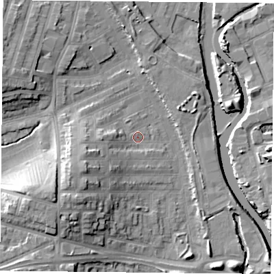 Shaded relief map of the ground around LE35JN, computed from Environment Agency LiDAR. The ground here sits at about 55 m above sea level and falls 16 m across the surrounding 800 m. Surface water reaching this point runs off ground lying to the south-west, 13.0 m higher.