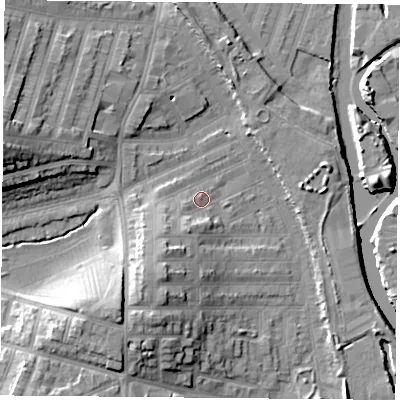 Shaded relief map of the ground around LE35JQ, computed from Environment Agency LiDAR. The ground here sits at about 56 m above sea level and falls 17 m across the surrounding 800 m. Surface water reaching this point runs off ground lying to the south-west, 5.6 m higher.