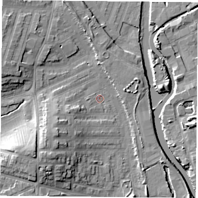 Shaded relief map of the ground around LE35JR, computed from Environment Agency LiDAR. The ground here sits at about 55 m above sea level and falls 15 m across the surrounding 800 m. Surface water reaching this point runs off ground lying to the south-west, 11.4 m higher.