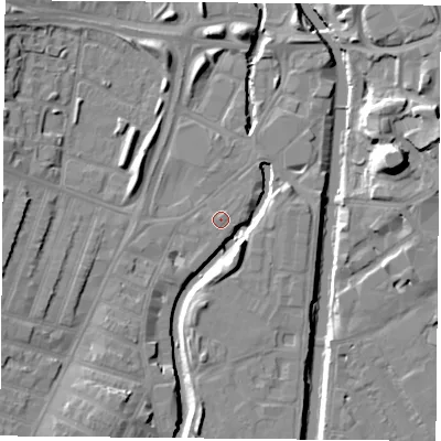 Shaded relief map of the ground around LE35LD, computed from Environment Agency LiDAR. The ground here sits at about 56 m above sea level and falls 15 m across the surrounding 800 m. The ground contributing surface water to this point lies to the north-west.