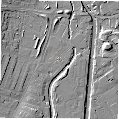 Shaded relief map of the ground around LE35LG, computed from Environment Agency LiDAR. The ground here sits at about 56 m above sea level and falls 15 m across the surrounding 800 m. Surface water reaching this point runs off ground lying to the north-east, 1.2 m higher.