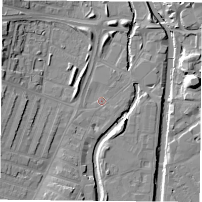 Shaded relief map of the ground around LE35LH, computed from Environment Agency LiDAR. The ground here sits at about 56 m above sea level and falls 15 m across the surrounding 800 m. Surface water reaching this point runs off ground lying to the east-north-east, 1.3 m higher.