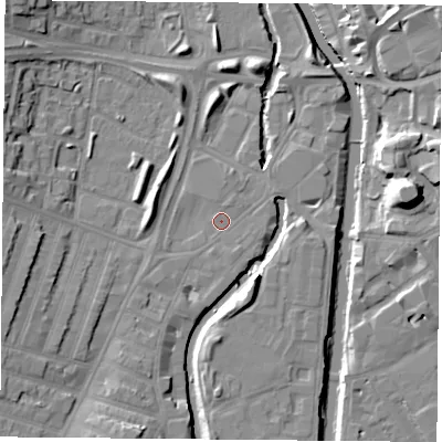 Shaded relief map of the ground around LE35LJ, computed from Environment Agency LiDAR. The ground here sits at about 56 m above sea level and falls 15 m across the surrounding 800 m. Surface water reaching this point runs off ground lying to the east-north-east, 1.3 m higher.