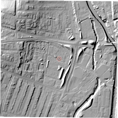 Shaded relief map of the ground around LE35LR, computed from Environment Agency LiDAR. The ground here sits at about 55 m above sea level and falls 16 m across the surrounding 800 m. Surface water reaching this point runs off ground lying to the west-south-west, 1.9 m higher.
