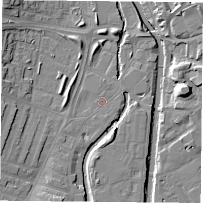 Shaded relief map of the ground around LE35LT, computed from Environment Agency LiDAR. The ground here sits at about 56 m above sea level and falls 15 m across the surrounding 800 m. Surface water reaching this point runs off ground lying to the east-north-east, 1.2 m higher.