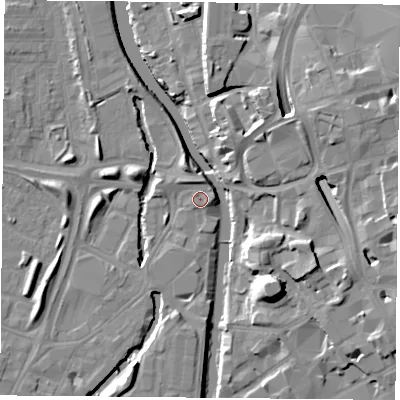 Shaded relief map of the ground around LE35LU, computed from Environment Agency LiDAR. The ground here sits at about 56 m above sea level and falls 15 m across the surrounding 800 m. Surface water reaching this point runs off ground lying to the east-south-east, 1.2 m higher.