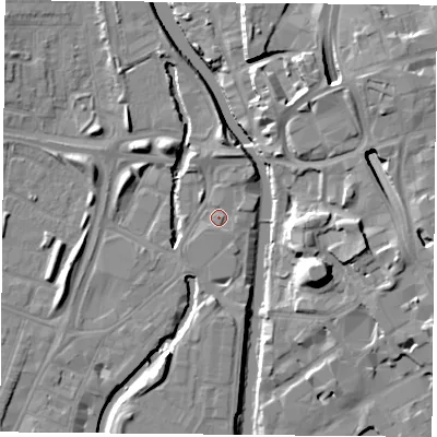 Shaded relief map of the ground around LE35LW, computed from Environment Agency LiDAR. The ground here sits at about 56 m above sea level and falls 15 m across the surrounding 800 m. Surface water reaching this point runs off ground lying to the south-south-west, 1.1 m higher.