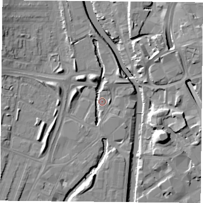 Shaded relief map of the ground around LE35LX, computed from Environment Agency LiDAR. The ground here sits at about 55 m above sea level and falls 15 m across the surrounding 800 m. Surface water reaching this point runs off ground lying to the south-west, 6.2 m higher.