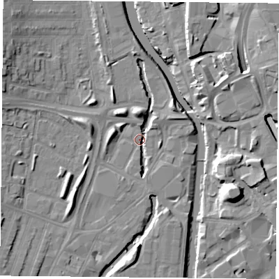 Shaded relief map of the ground around LE35NG, computed from Environment Agency LiDAR. The ground here sits at about 55 m above sea level and falls 15 m across the surrounding 800 m. Surface water reaching this point runs off ground lying to the west-south-west, 6.7 m higher.