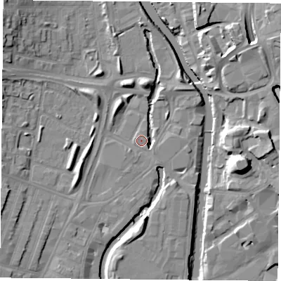 Shaded relief map of the ground around LE35NH, computed from Environment Agency LiDAR. The ground here sits at about 56 m above sea level and falls 15 m across the surrounding 800 m. Surface water reaching this point runs off ground lying to the south-east, 1.4 m higher.
