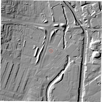 Shaded relief map of the ground around LE35NJ, computed from Environment Agency LiDAR. The ground here sits at about 56 m above sea level and falls 15 m across the surrounding 800 m. The ground contributing surface water to this point lies to the south-west.