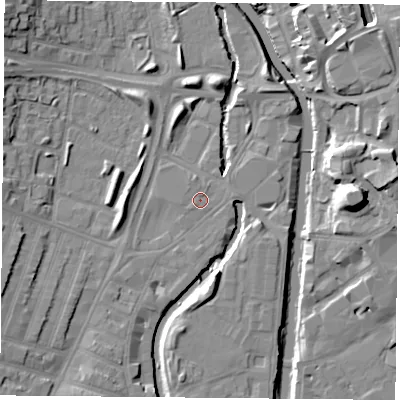 Shaded relief map of the ground around LE35NQ, computed from Environment Agency LiDAR. The ground here sits at about 55 m above sea level and falls 15 m across the surrounding 800 m. Surface water reaching this point runs off ground lying to the north-north-west, 0.7 m higher.