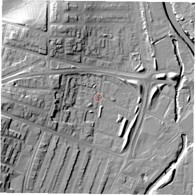 Shaded relief map of the ground around LE35PA, computed from Environment Agency LiDAR. The ground here sits at about 56 m above sea level and falls 20 m across the surrounding 800 m. Surface water reaching this point runs off ground lying to the west-south-west, 9.1 m higher.