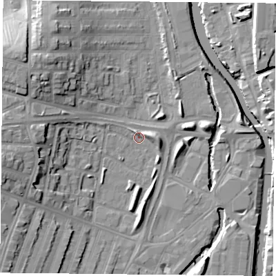 Shaded relief map of the ground around LE35PQ, computed from Environment Agency LiDAR. The ground here sits at about 55 m above sea level and falls 15 m across the surrounding 800 m. Surface water reaching this point runs off ground lying to the west, 12.6 m higher.
