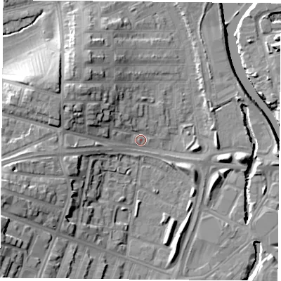 Shaded relief map of the ground around LE35QG, computed from Environment Agency LiDAR. The ground here sits at about 56 m above sea level and falls 19 m across the surrounding 800 m. Surface water reaching this point runs off ground lying to the west, 11.3 m higher.