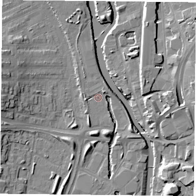 Shaded relief map of the ground around LE35QS, computed from Environment Agency LiDAR. The ground here sits at about 55 m above sea level and falls 15 m across the surrounding 800 m. Surface water reaching this point runs off ground lying to the north-east, 2.9 m higher.