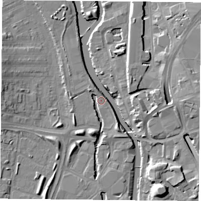 Shaded relief map of the ground around LE35QT, computed from Environment Agency LiDAR. The ground here sits at about 55 m above sea level and falls 15 m across the surrounding 800 m. Surface water reaching this point runs off ground lying to the south-south-west, 6.1 m higher.