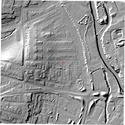 Shaded relief map of the ground around LE35RA, computed from Environment Agency LiDAR. The ground here sits at about 56 m above sea level and falls 18 m across the surrounding 800 m. Surface water reaching this point runs off ground lying to the west, 10.1 m higher.