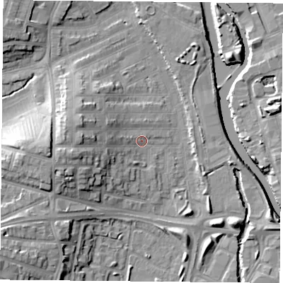 Shaded relief map of the ground around LE35RB, computed from Environment Agency LiDAR. The ground here sits at about 56 m above sea level and falls 18 m across the surrounding 800 m. Surface water reaching this point runs off ground lying to the west, 9.4 m higher.