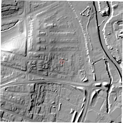 Shaded relief map of the ground around LE35RF, computed from Environment Agency LiDAR. The ground here sits at about 57 m above sea level and falls 19 m across the surrounding 800 m. Surface water reaching this point runs off ground lying to the west-north-west, 9.3 m higher.