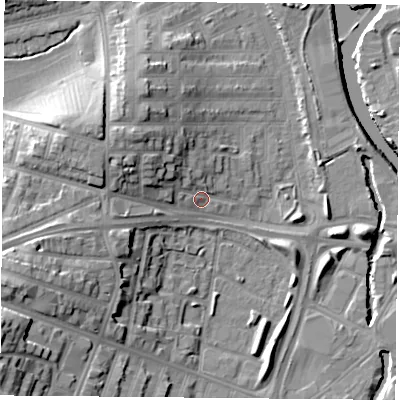 Shaded relief map of the ground around LE35RP, computed from Environment Agency LiDAR. The ground here sits at about 57 m above sea level and falls 22 m across the surrounding 800 m. Surface water reaching this point runs off ground lying to the west-south-west, 10.7 m higher.