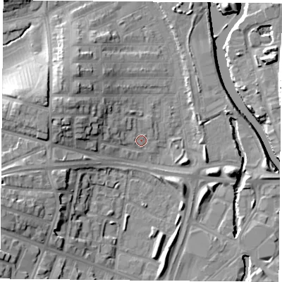 Shaded relief map of the ground around LE35RQ, computed from Environment Agency LiDAR. The ground here sits at about 56 m above sea level and falls 17 m across the surrounding 800 m. Surface water reaching this point runs off ground lying to the west-north-west, 7.7 m higher.