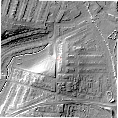Shaded relief map of the ground around LE35RR, computed from Environment Agency LiDAR. The ground here sits at about 62 m above sea level and falls 21 m across the surrounding 800 m. Surface water reaching this point runs off ground lying to the south, 5.5 m higher.