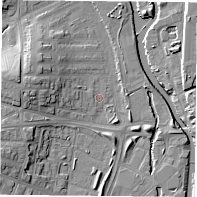 Shaded relief map of the ground around LE35RU, computed from Environment Agency LiDAR. The ground here sits at about 55 m above sea level and falls 16 m across the surrounding 800 m. Surface water reaching this point runs off ground lying to the west-north-west, 1.3 m higher.