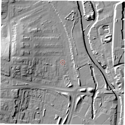 Shaded relief map of the ground around LE35RX, computed from Environment Agency LiDAR. The ground here sits at about 55 m above sea level and falls 15 m across the surrounding 800 m. Surface water reaching this point runs off ground lying to the west-south-west, 12.2 m higher.