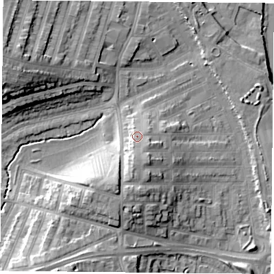 Shaded relief map of the ground around LE35SA, computed from Environment Agency LiDAR. The ground here sits at about 61 m above sea level and falls 20 m across the surrounding 800 m. Surface water reaching this point runs off ground lying to the south, 4.5 m higher.