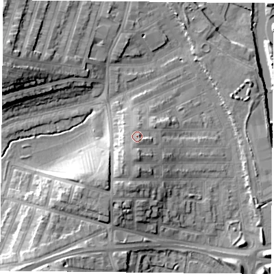 Shaded relief map of the ground around LE35SB, computed from Environment Agency LiDAR. The ground here sits at about 62 m above sea level and falls 20 m across the surrounding 800 m. Surface water reaching this point runs off ground lying to the south-south-west, 3.5 m higher.