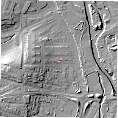 Shaded relief map of the ground around LE35SD, computed from Environment Agency LiDAR. The ground here sits at about 56 m above sea level and falls 18 m across the surrounding 800 m. Surface water reaching this point runs off ground lying to the west, 9.4 m higher.