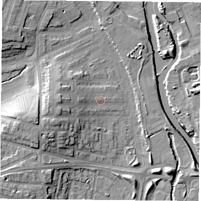 Shaded relief map of the ground around LE35SE, computed from Environment Agency LiDAR. The ground here sits at about 56 m above sea level and falls 18 m across the surrounding 800 m. Surface water reaching this point runs off ground lying to the west-south-west, 9.2 m higher.