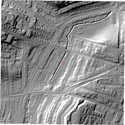 Shaded relief map of the ground around LE36AA, computed from Environment Agency LiDAR. The ground here sits at about 59 m above sea level and falls 23 m across the surrounding 800 m. Surface water reaching this point runs off ground lying to the south-east, 13.3 m higher.