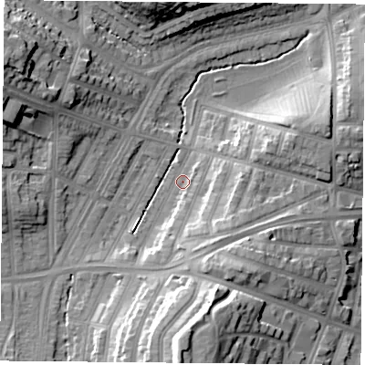 Shaded relief map of the ground around LE36AB, computed from Environment Agency LiDAR. The ground here sits at about 59 m above sea level and falls 23 m across the surrounding 800 m. Surface water reaching this point runs off ground lying to the south-south-east, 11.6 m higher.