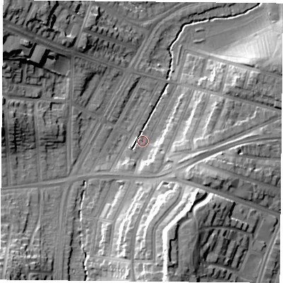 Shaded relief map of the ground around LE36AE, computed from Environment Agency LiDAR. The ground here sits at about 59 m above sea level and falls 24 m across the surrounding 800 m. Surface water reaching this point runs off ground lying to the south-south-east, 5.5 m higher.