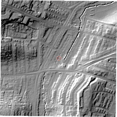 Shaded relief map of the ground around LE36AF, computed from Environment Agency LiDAR. The ground here sits at about 59 m above sea level and falls 25 m across the surrounding 800 m. Surface water reaching this point runs off ground lying to the south-south-west, 2.1 m higher.